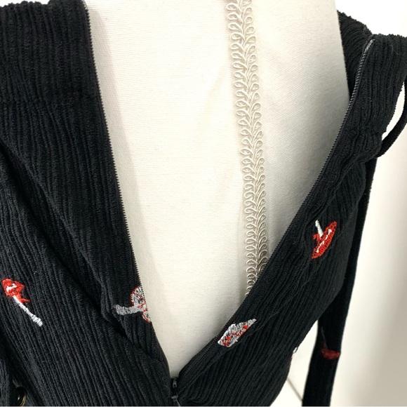 Cider Women S Bib Overalls Embroidered Mushrooms Corduroy Hippie Wide Leg Black - Picture 8 of 16